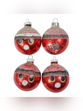 4 Vintage 3" D.G.M. Red Googly Eyed Face Glass Christmas Ornaments West Germany
